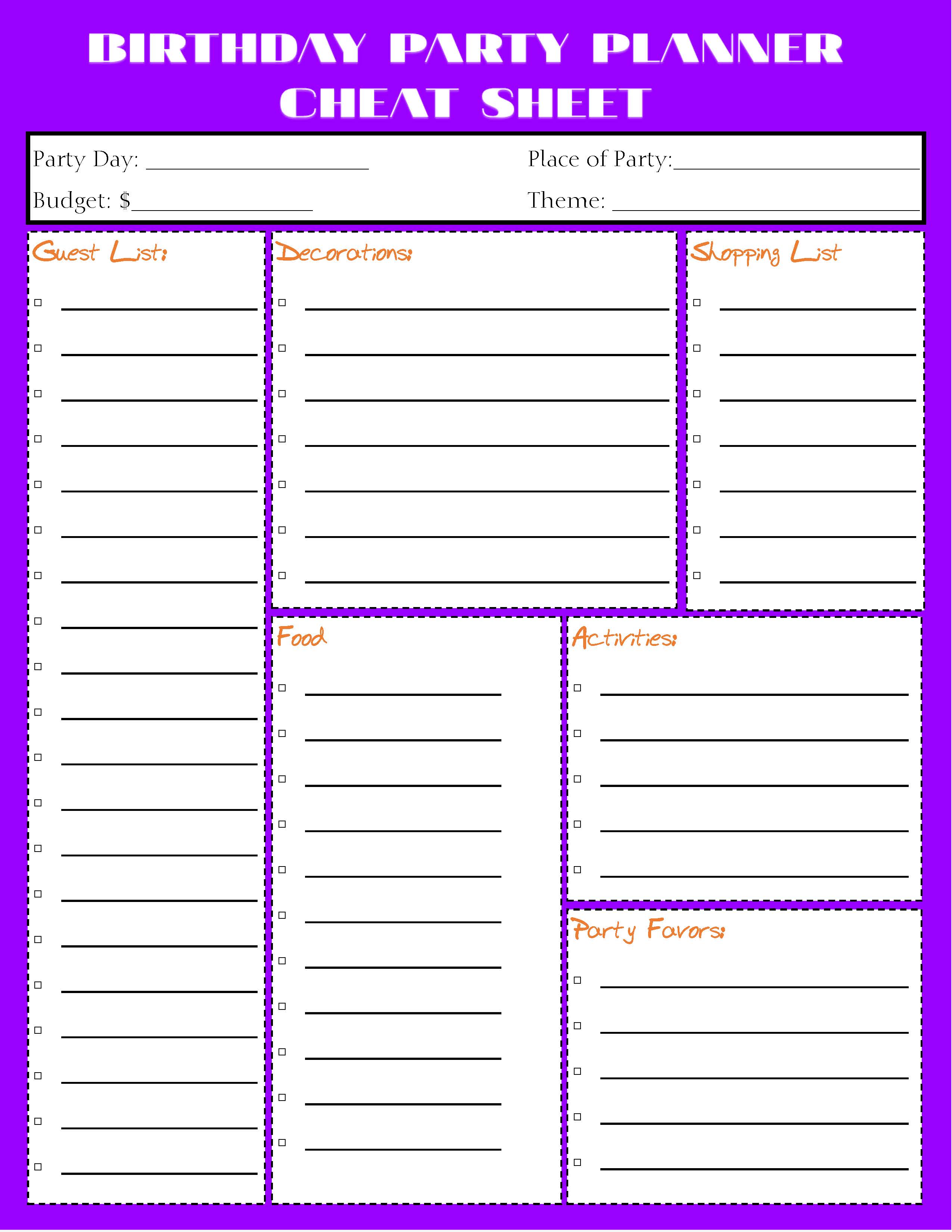 Planner Cheat Sheet - Birthday Party Purple